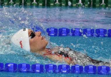 Budapeşte, Macaristan - 29 Temmuz 2017. Rekabetçi yüzücü Hosszu Katinka (Hun) 200 m sırtüstü Final. Duna arenada Fina yüzme Dünya Şampiyonası düzenlendi.