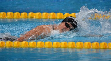 Budapeşte, Macaristan - 29 Temmuz 2017. 800 m serbest stil Final rekabetçi yüzücü Ledecky Katie (ABD). Duna arenada Fina yüzme Dünya Şampiyonası düzenlendi.
