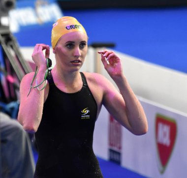 Budapeşte, Macaristan - 27 Temmuz 2017. Rekabetçi yüzücü Mckeown Taylor (Aus) 200 m kurbağalama yarı final. Duna arenada Fina yüzme Dünya Şampiyonası düzenlendi.