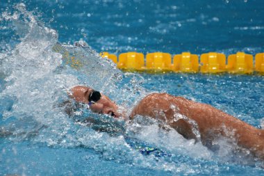 Budapeşte, Macaristan - 29 Temmuz 2017. Verraszto Evelin (Hun) karışık 4x100m serbest Final yüzme. Kısa Kulvar Yüzme Şampiyonası Duna arenada.
