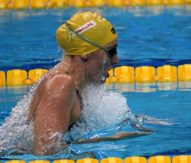 Budapeşte, Macaristan - 27 Temmuz 2017. Rekabetçi yüzücü Mckeown Taylor (Aus) 200 m kurbağalama yarı final. Duna arenada Fina yüzme Dünya Şampiyonası düzenlendi.