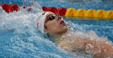 Budapeşte, Macaristan - 27 Temmuz 2017. Rekabetçi yüzücü Telegdy Adam (Hun) 200 m sırtüstü yarı final. Duna arenada Fina yüzme Dünya Şampiyonası düzenlendi.