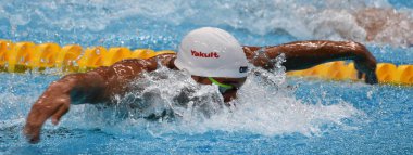 Budapeşte, Macaristan - 28 Temmuz 2017. Rekabetçi yüzücü 100 metre yüzme Le Clos Chad (Rsa) kelebek. Fina yüzme Dünya Şampiyonası ön ısıtır Duna Arena.