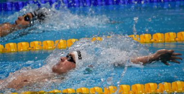 Budapeşte, Macaristan - 27 Temmuz 2017. Rekabetçi yüzücü Bernek Peter (Hun) 200 m sırtüstü yarı final. Duna arenada Fina yüzme Dünya Şampiyonası düzenlendi.