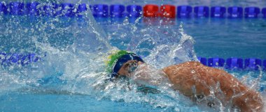 Budapeşte, Macaristan - 26 Temmuz 2017. Rekabetçi yüzücü Simon 200 m bireysel karışık yüzme Thiago (Bra). Fina yüzme Dünya Şampiyonası ön ısıtır Duna Arena.