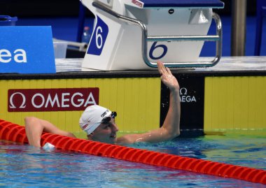 Budapeşte, Macaristan - 26 Temmuz 2017. Rekabetçi yüzücü Hosszu 200 m yüzme Katinka (Hun) kelebek. Fina yüzme Dünya Şampiyonası ön ısıtır Duna Arena.