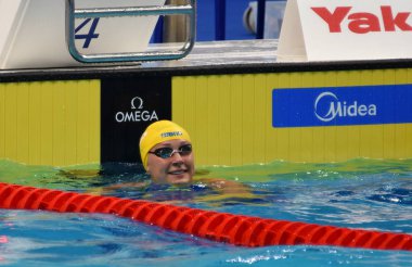 Budapeşte, Macaristan - 28 Temmuz 2017. Sjostrom 50 m kelebek yüzme Sarah (Swe) rekabetçi yüzücü. Fina yüzme Dünya Şampiyonası ön ısıtır Duna Arena.