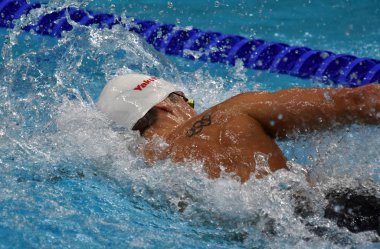 Budapeşte, Macaristan - 26 Temmuz 2017. Rekabetçi yüzücü Bohus 100 m serbest stil yüzme Richard (Hun). Fina yüzme Dünya Şampiyonası ön ısıtır Duna Arena.