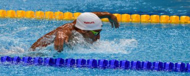 Budapeşte, Macaristan - 26 Temmuz 2017. Le Clos Chad (Rsa) kazanan 200m kelebek Final rekabetçi yüzücü. Duna arenada Fina yüzme Dünya Şampiyonası düzenlendi.
