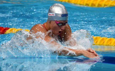 Budapeşte, Macaristan - 27 Temmuz 2017. Rekabetçi yüzücü Moravcikova Martina (Cze) 200 m kurbağalama yarı final. Duna arenada Fina yüzme Dünya Şampiyonası düzenlendi.