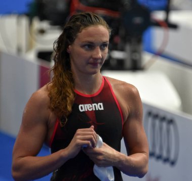 Budapeşte, Macaristan - 28 Temmuz 2017. Rekabetçi yüzücü Hosszu 200 m sırtüstü yüzme Katinka (Hun). Fina yüzme Dünya Şampiyonası ön ısıtır Duna Arena.