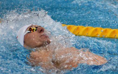 Budapeşte, Macaristan - 27 Temmuz 2017. 200 m bireysel karışık Final rekabetçi yüzücü Desplanches Jeremy (Sui). Duna arenada Fina yüzme Dünya Şampiyonası düzenlendi.
