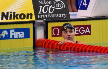 Budapeşte, Macaristan - 26 Temmuz 2017. 200 m serbest stil Final rekabetçi yüzücü Ledecky Katie (ABD). Duna arenada Fina yüzme Dünya Şampiyonası düzenlendi.