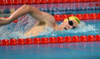 Budapeşte, Macaristan - 30 Temmuz 2017. 1500 m serbest stil Final rekabetçi yüzücü Horton Mack (Aus). Duna arenada Fina yüzme Dünya Şampiyonası düzenlendi.