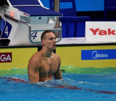 Budapeşte, Macaristan - 29 Temmuz 2017. 100 m kelebek Final rekabetçi yüzücü Dressel Caeleb Remel (ABD). Duna arenada Fina yüzme Dünya Şampiyonası düzenlendi.