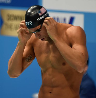 Budapeşte, Macaristan - 29 Temmuz 2017. 50 m sırtüstü yarı final rekabetçi yüzücü Grevers Matt (ABD). Duna arenada Fina yüzme Dünya Şampiyonası düzenlendi.