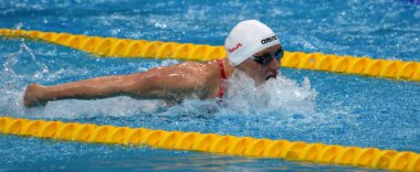 Budapeşte, Macaristan - 26 Temmuz 2017. 200m kelebek yarı final içinde rekabetçi yüzücü Hosszu Katinka (Hun). Duna arenada Fina yüzme Dünya Şampiyonası düzenlendi.