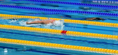 Budapeşte, Macaristan - 30 Temmuz 2017. 400 m bireysel karışık Final rekabetçi yüzücü Katinka Hosszu (Hun). Duna arenada Fina yüzme Dünya Şampiyonası düzenlendi.