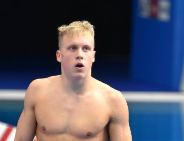 Budapeşte, Macaristan - 26 Temmuz 2017. Rekabetçi yüzücü Sos 200 m bireysel karışık yüzme Daniel (Hun). Fina yüzme Dünya Şampiyonası ön ısıtır Duna Arena.