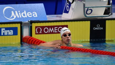 Budapeşte, Macaristan - 27 Temmuz 2017. Rekabetçi yüzücü Telegdy Adam (Hun) 200 m sırtüstü yarı final. Duna arenada Fina yüzme Dünya Şampiyonası düzenlendi.