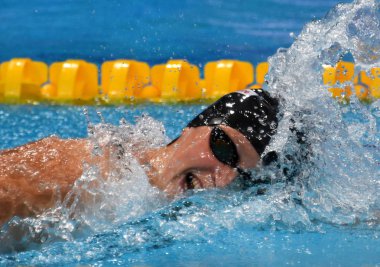 Budapeşte, Macaristan - 29 Temmuz 2017. 800 m serbest stil Final rekabetçi yüzücü Ledecky Katie (ABD). Duna arenada Fina yüzme Dünya Şampiyonası düzenlendi.
