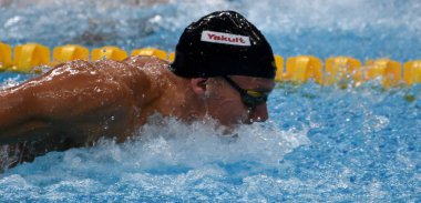 Budapeşte, Macaristan - 28 Temmuz 2017. Rekabetçi yüzücü Dressel Caeleb 100 metre yüzme Remel (ABD) kelebek. Fina yüzme Dünya Şampiyonası ön ısıtır Duna Arena.