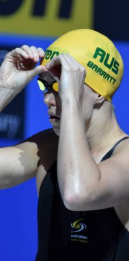 Budapeşte, Macaristan - 28 Temmuz 2017. 50 m kelebek yarı final rekabetçi yüzücü Barratt Holly (Aus). Duna arenada Fina yüzme Dünya Şampiyonası düzenlendi.