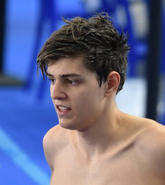 Budapeşte, Macaristan - 28 Temmuz 2017. Nemeth ülkeye (Hun) Erkekler 4x200m serbest yüzme sonra. Fina yüzme Dünya Şampiyonası ön ısıtır Duna Arena.