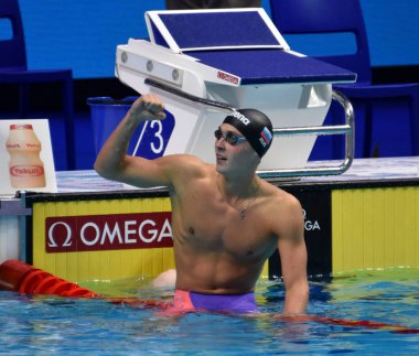 Budapest, Hungary - Jul 28, 2017. Competitive swimmer CHUPKOV Anton (RUS) in the 200m Breaststroke Final. FINA Swimming World Championship was held in Duna Arena. clipart