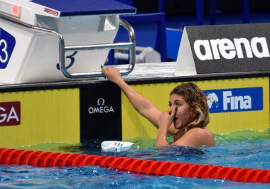 Budapeşte, Macaristan - 26 Temmuz 2017. Rekabetçi yüzücü Szilagyi 200 m yüzme Liliana (Hun) kelebek. Fina yüzme Dünya Şampiyonası ön ısıtır Duna Arena.