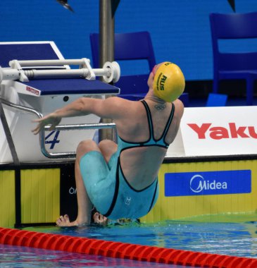 Budapeşte, Macaristan - 28 Temmuz 2017. Emily Seebohm (Aus) 200 m sırtüstü yüzme rekabetçi yüzücü. Fina yüzme Dünya Şampiyonası ön ısıtır Duna Arena.
