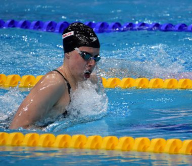 Budapeşte, Macaristan - 27 Temmuz 2017. 200 m kurbağalama yarı final rekabetçi yüzücü Kral Lilly (ABD). Duna arenada Fina yüzme Dünya Şampiyonası düzenlendi.