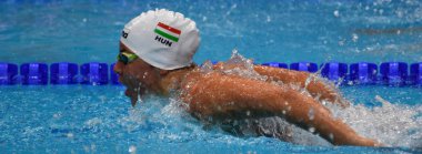 Budapeşte, Macaristan - 26 Temmuz 2017. Rekabetçi yüzücü Szilagyi 200 m yüzme Liliana (Hun) kelebek. Fina yüzme Dünya Şampiyonası ön ısıtır Duna Arena.