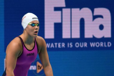 Budapeşte, Macaristan - 26 Temmuz 2017. Rekabetçi yüzücü Szilagyi 200 m yüzme Liliana (Hun) kelebek. Fina yüzme Dünya Şampiyonası ön ısıtır Duna Arena.