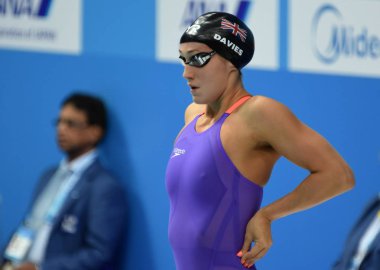 Budapeşte, Macaristan - 26 Temmuz 2017. Rekabetçi yüzücü Davies Gürcistan 50m sırtüstü yarı final (Gbr). Duna arenada Fina yüzme Dünya Şampiyonası düzenlendi.