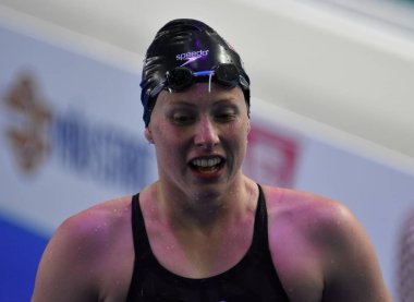 Budapeşte, Macaristan - 25 Temmuz 2017. Rekabetçi yüzücü 100m kurbağalama Final galibi Kral Lilly (ABD). Duna arenada Fina yüzme Dünya Şampiyonası düzenlendi.