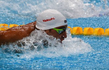 Budapeşte, Macaristan - 28 Temmuz 2017. Rekabetçi yüzücü 100 metre yüzme Le Clos Chad (Rsa) kelebek. Fina yüzme Dünya Şampiyonası ön ısıtır Duna Arena.
