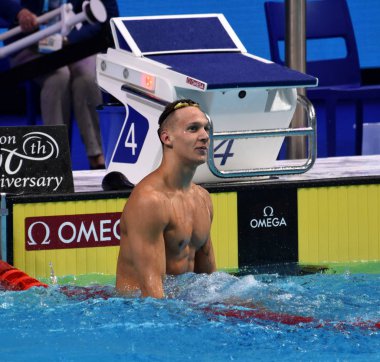 Budapeşte, Macaristan - 29 Temmuz 2017. 50 m serbest stil Final rekabetçi yüzücü Dressel Caeleb Remel (ABD). Duna arenada Fina yüzme Dünya Şampiyonası düzenlendi.