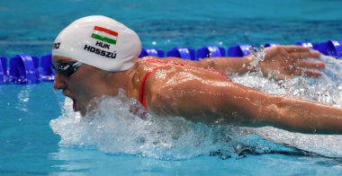 Budapeşte, Macaristan - 27 Temmuz 2017. 200 m kelebek Final rekabetçi yüzücü Hosszu Katinka (Hun). Duna arenada Fina yüzme Dünya Şampiyonası düzenlendi.