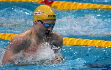 Budapeşte, Macaristan - 27 Temmuz 2017. Rekabetçi yüzücü Wilson Matthew (Aus) 200 m kurbağalama yarı final. Duna arenada Fina yüzme Dünya Şampiyonası düzenlendi.