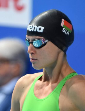 Budapeşte, Macaristan - 29 Temmuz 2017. 50 m serbest stil yarı final rekabetçi yüzücü Herasimenia Aliaksandra (Blr). Duna arenada Fina yüzme Dünya Şampiyonası düzenlendi.