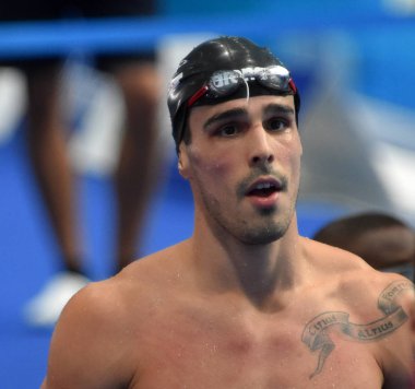 Budapeşte, Macaristan - 28 Temmuz 2017. Rekabetçi yüzücü Fratus Bruno (Bra) 50 m serbest stil yüzme sonra. Fina yüzme Dünya Şampiyonası ön ısıtır Duna Arena.