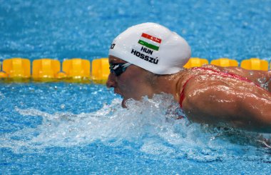 Budapeşte, Macaristan - 26 Temmuz 2017. Rekabetçi yüzücü Hosszu 200 m yüzme Katinka (Hun) kelebek. Fina yüzme Dünya Şampiyonası ön ısıtır Duna Arena.