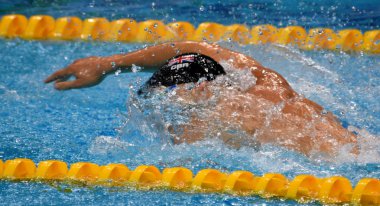 Budapeşte, Macaristan - 28 Temmuz 2017. James (Gbr) Erkekler 4x200m serbest son adam. Kısa Kulvar Yüzme Şampiyonası Duna arenada.
