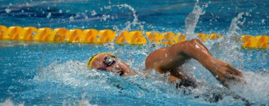 Budapeşte, Macaristan - 26 Temmuz 2017. 200 m serbest stil Final rekabetçi yüzücü Mckeon Emma (Aus). Duna arenada Fina yüzme Dünya Şampiyonası düzenlendi.