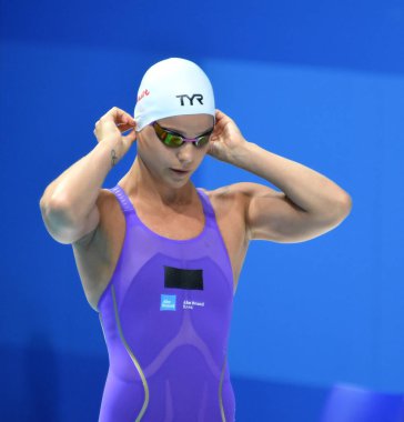 Budapeşte, Macaristan - 29 Temmuz 2017. 50 m serbest stil yarı final rekabetçi yüzücü Blume Pernille (Den). Duna arenada Fina yüzme Dünya Şampiyonası düzenlendi.