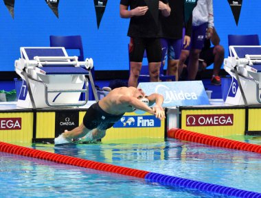 Budapeşte, Macaristan - 30 Temmuz 2017. Bohus Richard (Hun) Erkekler 4x100m Medley geçiş son. Duna arenada Fina yüzme Dünya Şampiyonası düzenlendi.