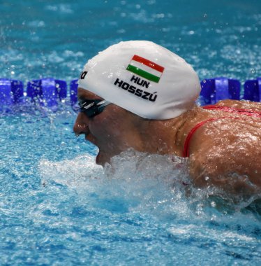 Budapeşte, Macaristan - 27 Temmuz 2017. 200 m kelebek Final rekabetçi yüzücü Hosszu Katinka (Hun). Duna arenada Fina yüzme Dünya Şampiyonası düzenlendi.