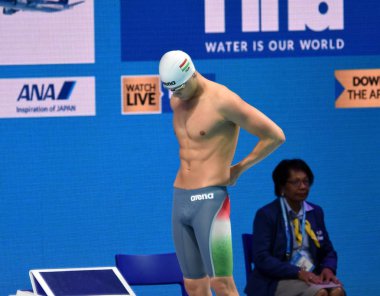 Budapeşte, Macaristan - 26 Temmuz 2017. 200m kelebek Final içinde rekabetçi yüzücü Kenderesi Tamas (Hun). Duna arenada Fina yüzme Dünya Şampiyonası düzenlendi.