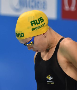 Budapeşte, Macaristan - 28 Temmuz 2017. Rekabetçi yüzücü Barratt 50 m kelebek yüzme Holly (Aus). Fina yüzme Dünya Şampiyonası ön ısıtır Duna Arena.
